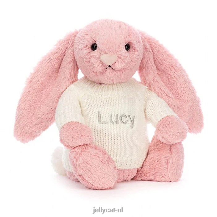 Jellycat Verlegen konijntje met bloemblaadjes en gepersonaliseerde crèmekleurige trui sorbetroze NJJ68243 speelgoed-