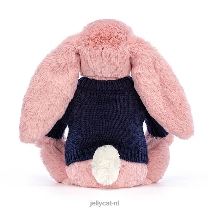 Jellycat Verlegen konijntje met bloemblaadjes en gepersonaliseerde marineblauwe trui sorbetroze NJJ68413 speelgoed-