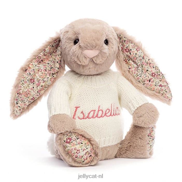 Jellycat bloesembea konijntje met gepersonaliseerde crèmekleurige trui beige NJJ68160 speelgoed-