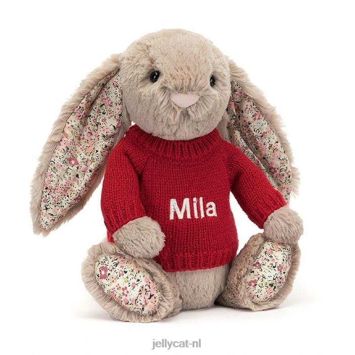 Jellycat bloesembea konijntje met gepersonaliseerde rode trui beige NJJ68334 speelgoed-