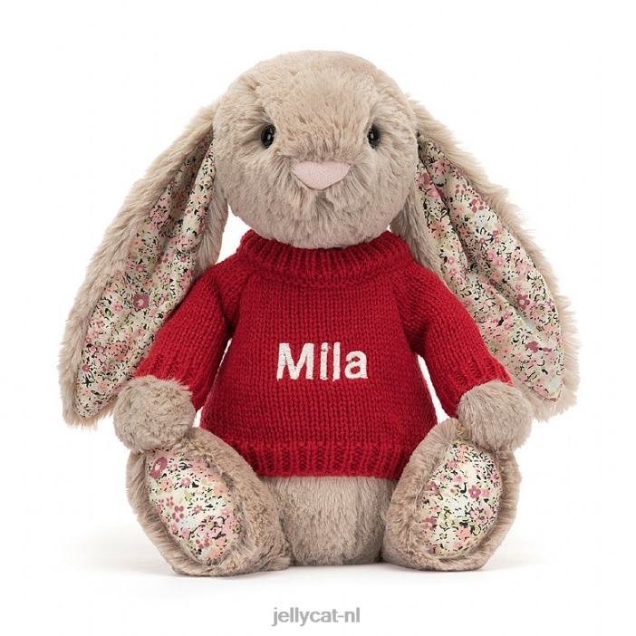 Jellycat bloesembea konijntje met gepersonaliseerde rode trui beige NJJ68334 speelgoed-