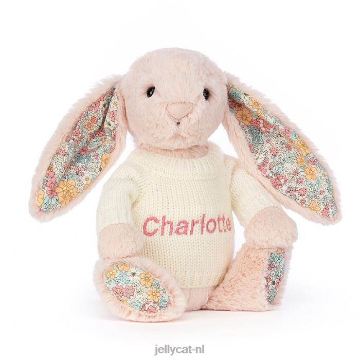 Jellycat bloesemblush konijntje met gepersonaliseerde crèmekleurige trui perzik NJJ68221 speelgoed-
