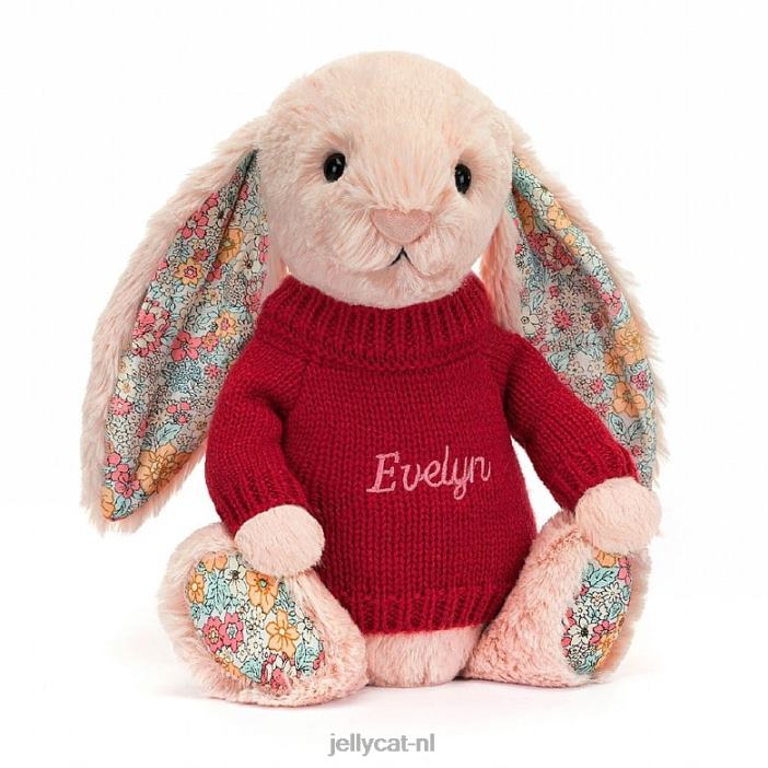 Jellycat bloesemblush konijntje met gepersonaliseerde rode trui perzik NJJ68425 speelgoed-