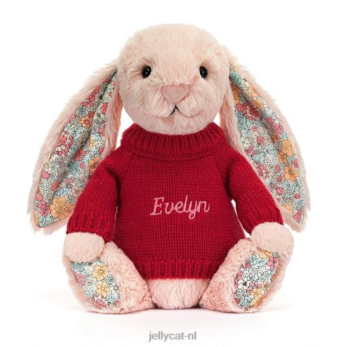 Jellycat bloesemblush konijntje met gepersonaliseerde rode trui perzik NJJ68425 speelgoed-