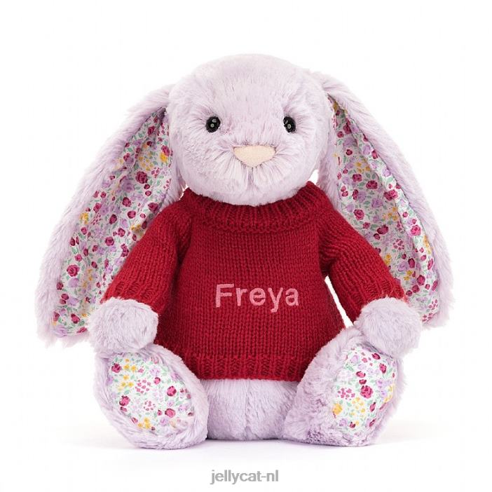Jellycat bloesemjasmijn konijntje met gepersonaliseerde rode trui paars NJJ68399 speelgoed-