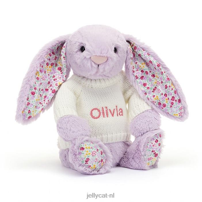 Jellycat bloesemjasmijnkonijntje met gepersonaliseerde crèmekleurige trui paars NJJ68268 speelgoed-