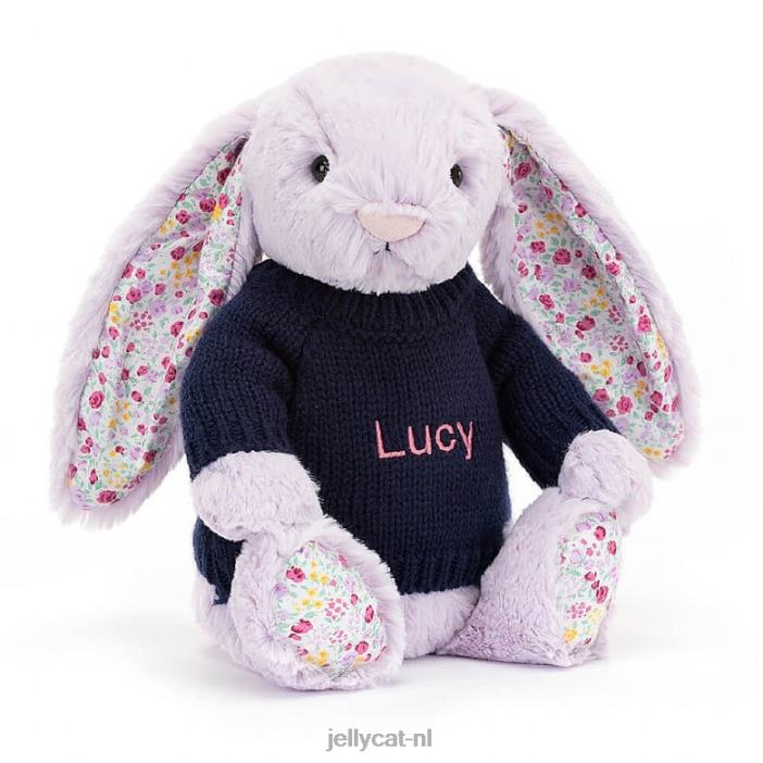 Jellycat bloesemjasmijnkonijntje met gepersonaliseerde marineblauwe trui paars NJJ68472 speelgoed-