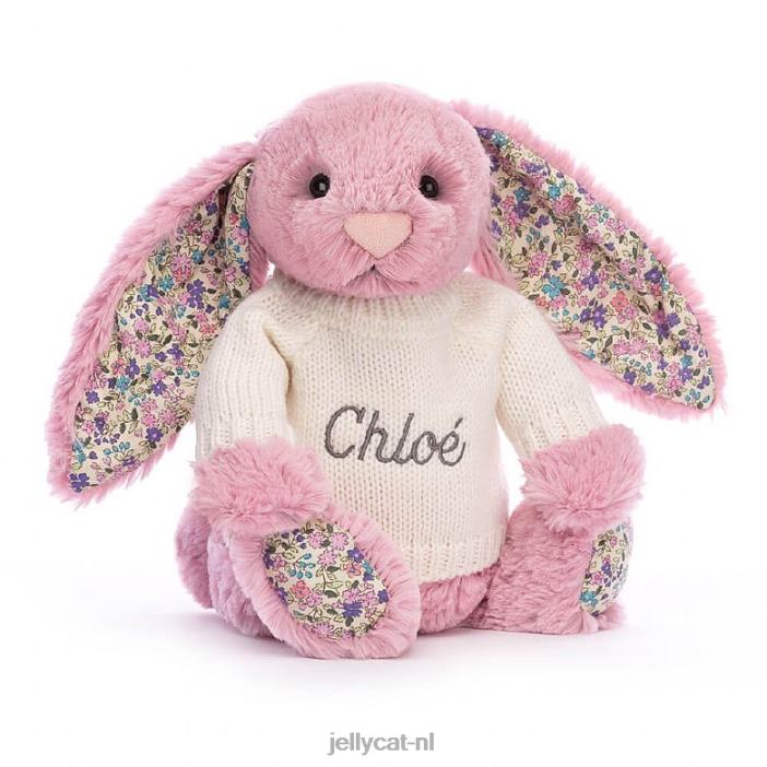 Jellycat bloesemtulp konijntje met gepersonaliseerde crèmekleurige trui roze NJJ68298 speelgoed-