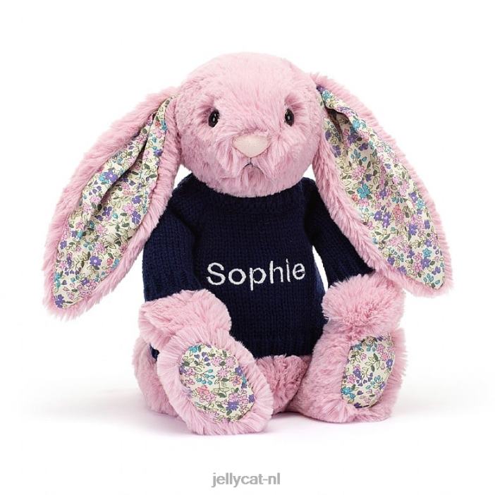 Jellycat bloesemtulp konijntje met gepersonaliseerde marineblauwe trui roze NJJ68466 speelgoed-