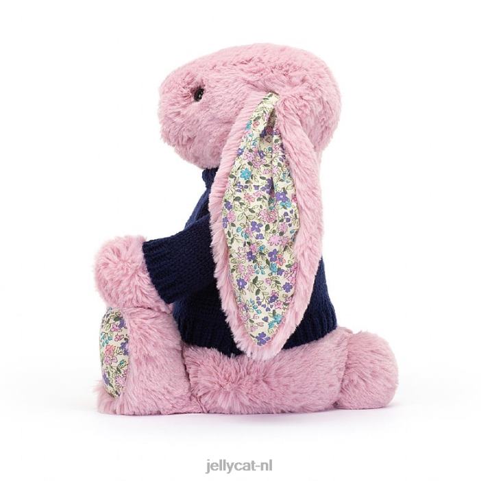Jellycat bloesemtulp konijntje met gepersonaliseerde marineblauwe trui roze NJJ68466 speelgoed-