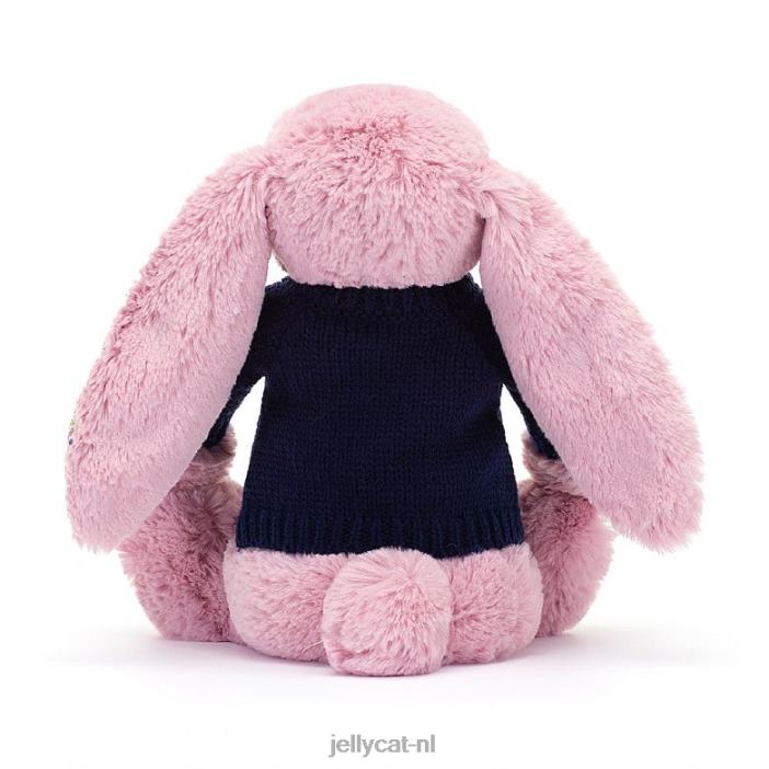Jellycat bloesemtulp konijntje met gepersonaliseerde marineblauwe trui roze NJJ68466 speelgoed-