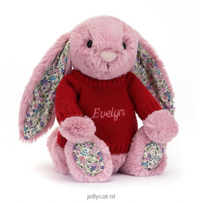 Jellycat bloesemtulp konijntje met gepersonaliseerde rode trui roze NJJ68430 speelgoed-