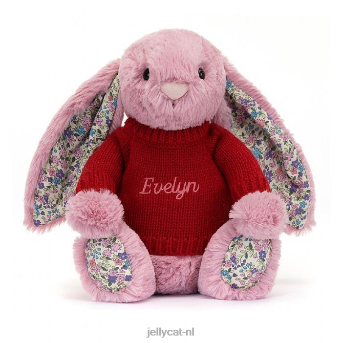 Jellycat bloesemtulp konijntje met gepersonaliseerde rode trui roze NJJ68430 speelgoed-