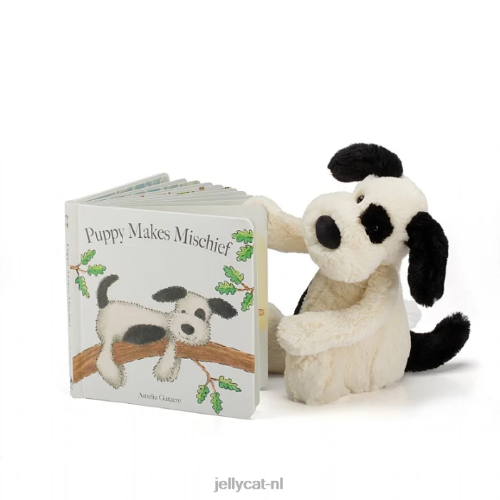 Jellycat puppy maakt kattenkwaadboek en verlegen puppy zwart en wit NJJ68747 boek