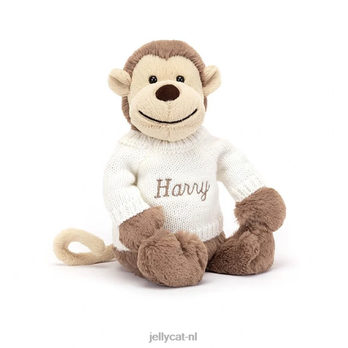 Jellycat verlegen aapje met gepersonaliseerde crèmekleurige trui bruin NJJ68191 speelgoed-