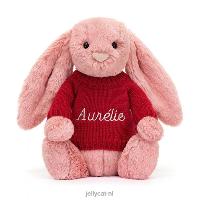 Jellycat verlegen bloemblaadjekonijntje met gepersonaliseerde rode trui sorbetroze NJJ68299 speelgoed-
