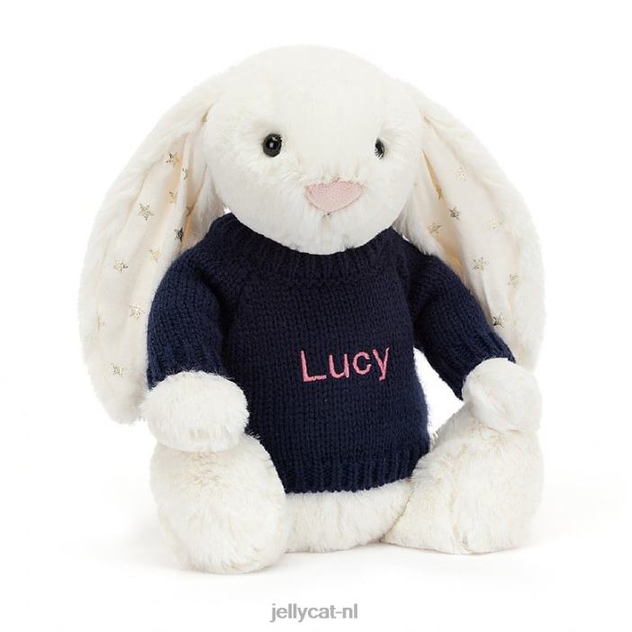 Jellycat verlegen fonkelkonijntje met gepersonaliseerde marineblauwe trui crème NJJ68312 speelgoed-