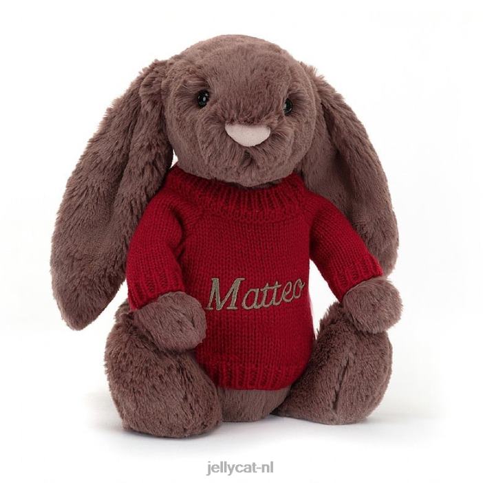 Jellycat verlegen fudge konijntje met gepersonaliseerde rode trui chocolade NJJ68511 speelgoed-