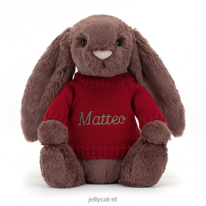 Jellycat verlegen fudge konijntje met gepersonaliseerde rode trui chocolade NJJ68511 speelgoed-