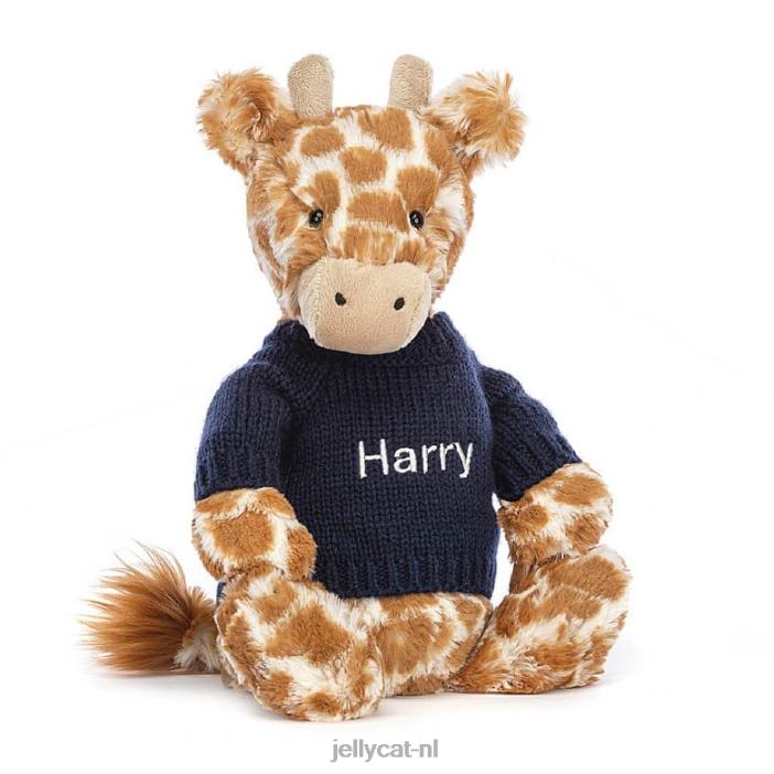 Jellycat verlegen giraffe met gepersonaliseerde marineblauwe trui oranje NJJ68283 speelgoed-