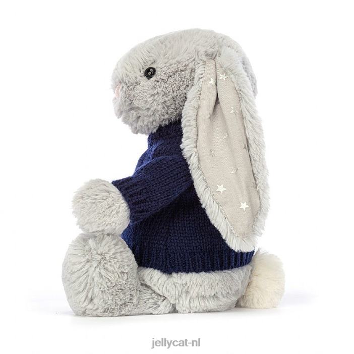 Jellycat verlegen glinsterend konijntje met gepersonaliseerde marineblauwe trui grijs NJJ68356 speelgoed-