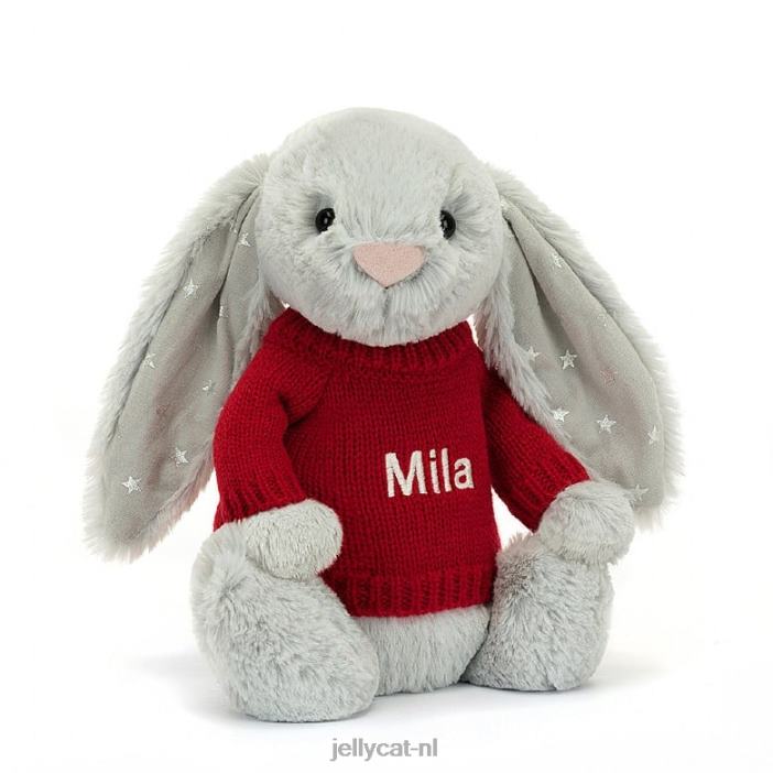 Jellycat verlegen glinsterkonijntje met gepersonaliseerde rode trui grijs NJJ68416 speelgoed-