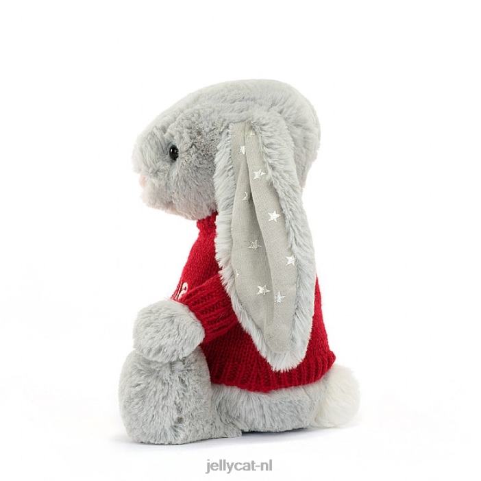 Jellycat verlegen glinsterkonijntje met gepersonaliseerde rode trui grijs NJJ68416 speelgoed-