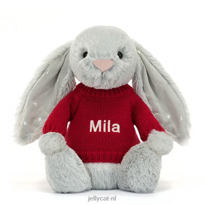 Jellycat verlegen glinsterkonijntje met gepersonaliseerde rode trui grijs NJJ68416 speelgoed-