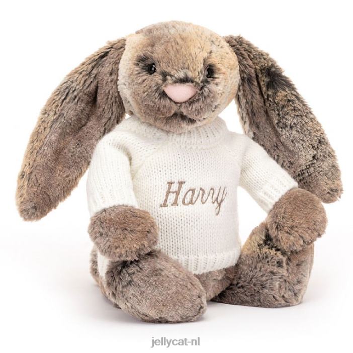 Jellycat verlegen katoenstaartkonijntje met gepersonaliseerde crèmekleurige trui NJJ68354 speelgoed-