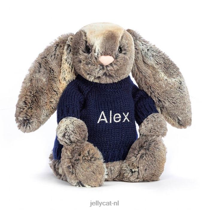 Jellycat verlegen katoenstaartkonijntje met gepersonaliseerde marineblauwe trui grijs NJJ68397 speelgoed-