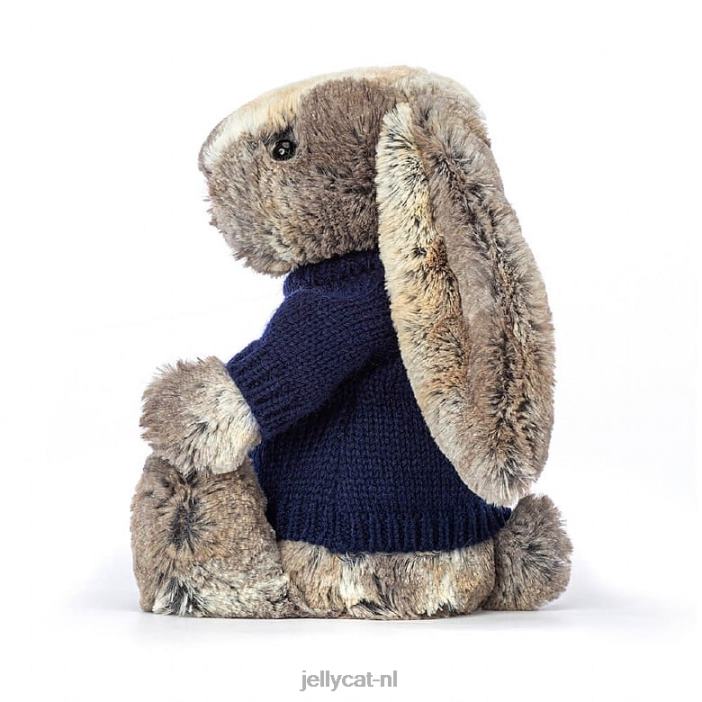 Jellycat verlegen katoenstaartkonijntje met gepersonaliseerde marineblauwe trui grijs NJJ68397 speelgoed-
