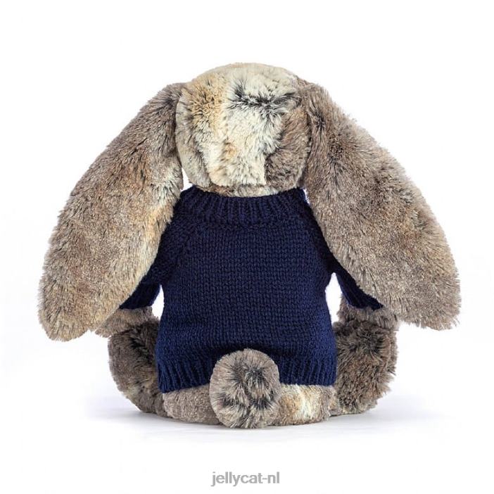 Jellycat verlegen katoenstaartkonijntje met gepersonaliseerde marineblauwe trui grijs NJJ68397 speelgoed-