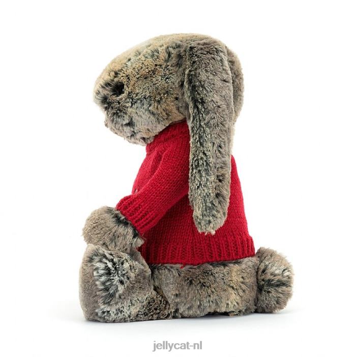 Jellycat verlegen katoenstaartkonijntje met gepersonaliseerde rode trui grijs NJJ68414 speelgoed-