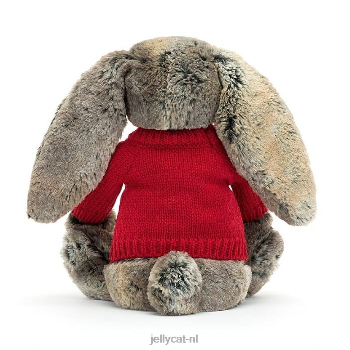 Jellycat verlegen katoenstaartkonijntje met gepersonaliseerde rode trui grijs NJJ68414 speelgoed-