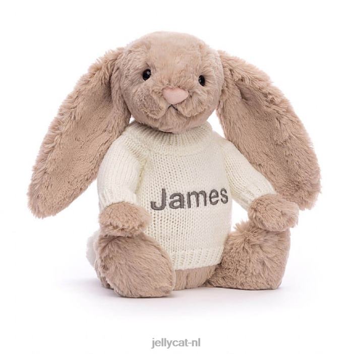Jellycat verlegen konijntje met gepersonaliseerde crèmekleurige trui beige NJJ68146 speelgoed-