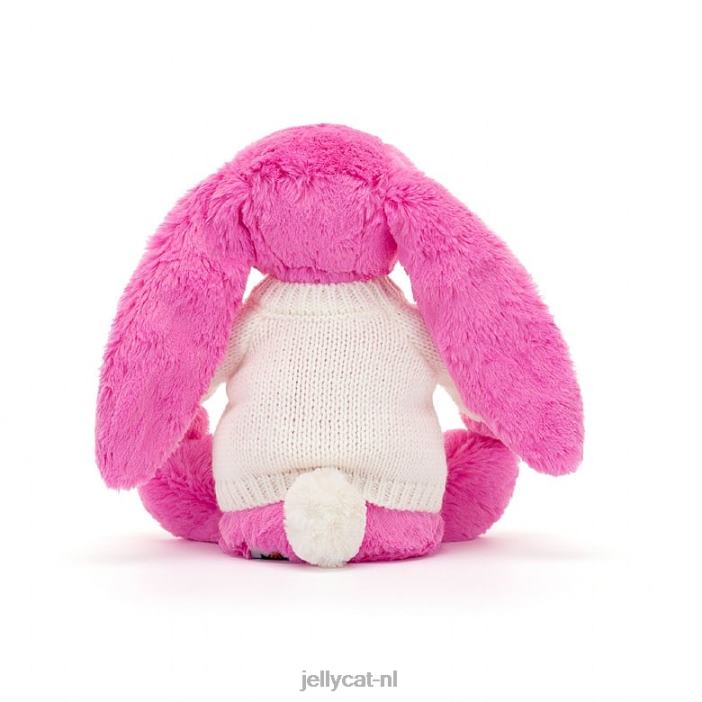 Jellycat verlegen konijntje met gepersonaliseerde crèmekleurige trui in felroze NJJ68216 speelgoed-