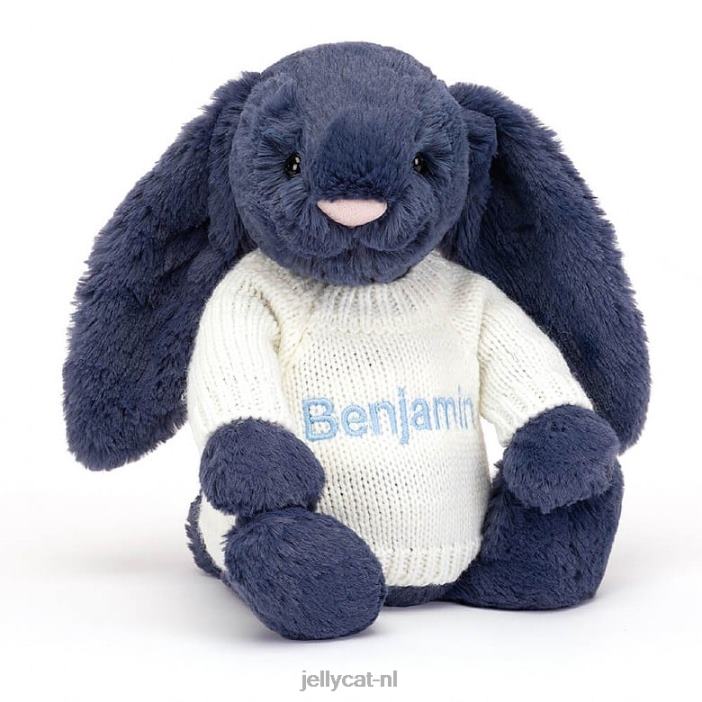 Jellycat verlegen konijntje met gepersonaliseerde crèmekleurige trui in marineblauw NJJ68389 speelgoed-