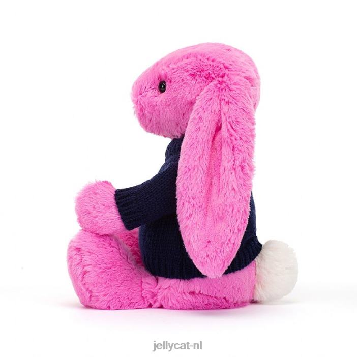 Jellycat verlegen konijntje met gepersonaliseerde marineblauwe trui in felroze NJJ68470 speelgoed-
