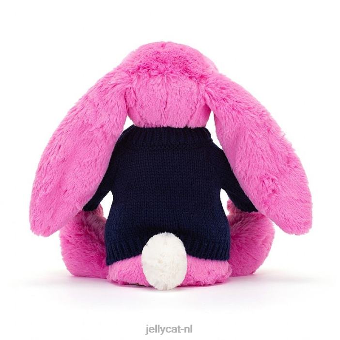 Jellycat verlegen konijntje met gepersonaliseerde marineblauwe trui in felroze NJJ68470 speelgoed-