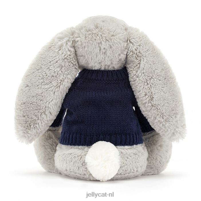Jellycat verlegen konijntje met gepersonaliseerde marineblauwe trui zilver NJJ68345 speelgoed-