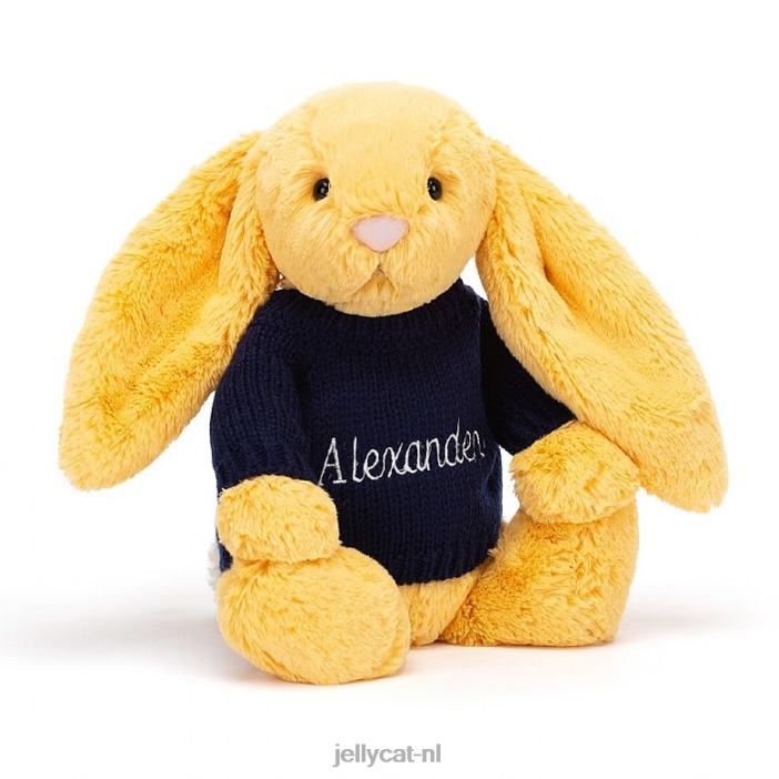 Jellycat verlegen konijntje met gepersonaliseerde marineblauwe trui zonneschijn NJJ68390 speelgoed-