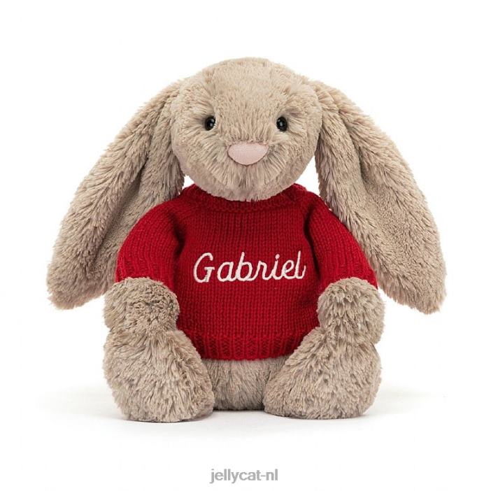 Jellycat verlegen konijntje met gepersonaliseerde rode trui beige NJJ68178 speelgoed-