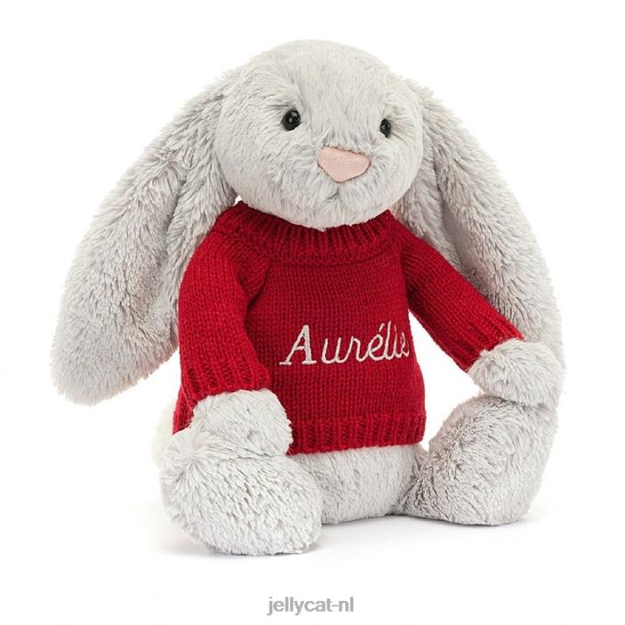 Jellycat verlegen konijntje met gepersonaliseerde rode trui zilver NJJ68245 speelgoed-