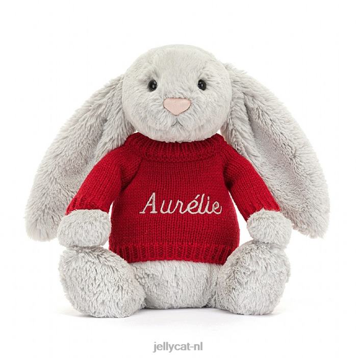 Jellycat verlegen konijntje met gepersonaliseerde rode trui zilver NJJ68245 speelgoed-