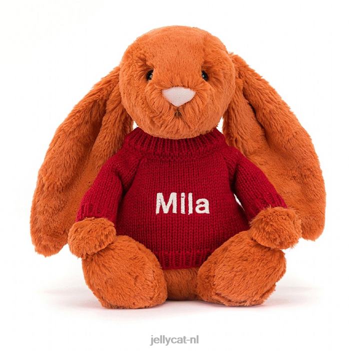 Jellycat verlegen mandarijnkonijntje met gepersonaliseerde rode trui oranje NJJ68509 speelgoed-