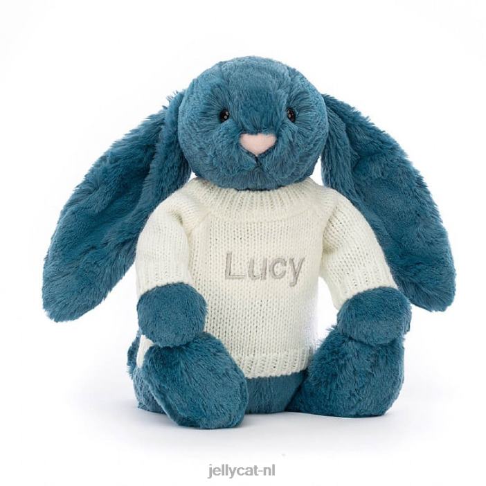 Jellycat verlegen mineraalblauw konijntje met gepersonaliseerde crèmekleurige trui kobaltblauw NJJ68330 speelgoed-