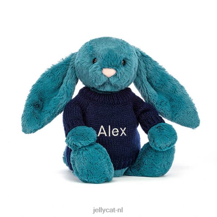Jellycat verlegen mineraalblauw konijntje met gepersonaliseerde marineblauwe trui kobaltblauw NJJ68316 speelgoed-