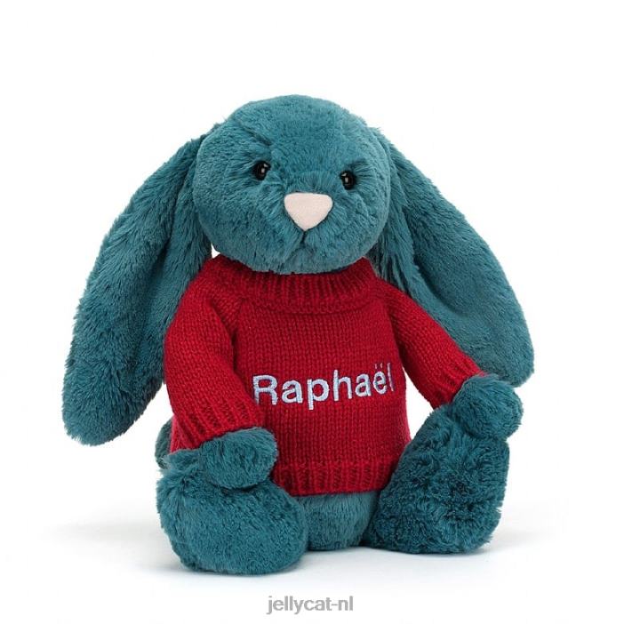 Jellycat verlegen mineraalblauw konijntje met gepersonaliseerde rode trui kobaltblauw NJJ68415 speelgoed-