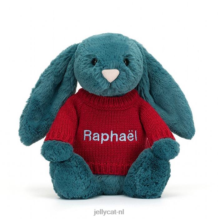 Jellycat verlegen mineraalblauw konijntje met gepersonaliseerde rode trui kobaltblauw NJJ68415 speelgoed-