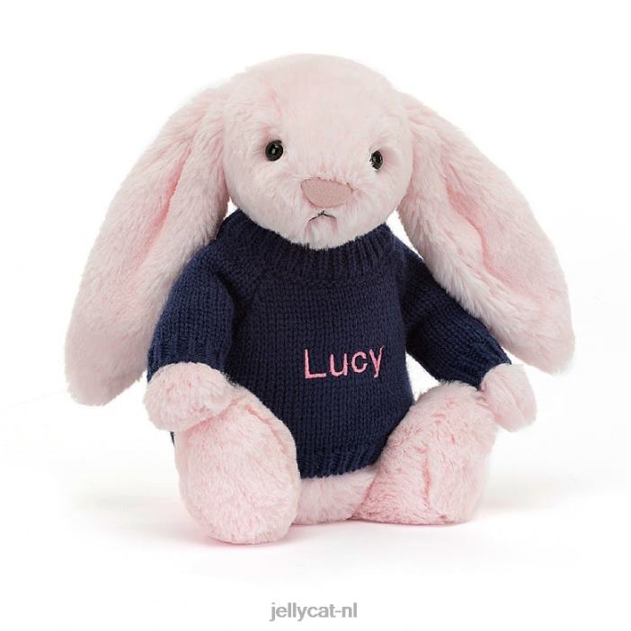 Jellycat verlegen roze konijntje met gepersonaliseerde marineblauwe trui babyroze NJJ68398 speelgoed-
